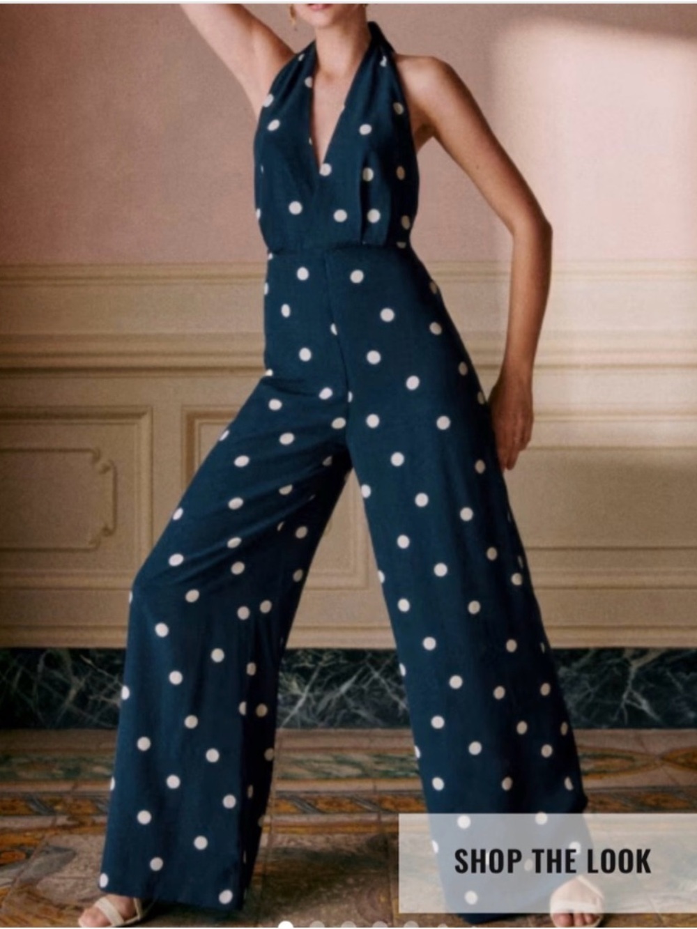 Sézane Silk Polka Dot Halter Wide-Leg “Luana” Jumpsuit - Navy/White